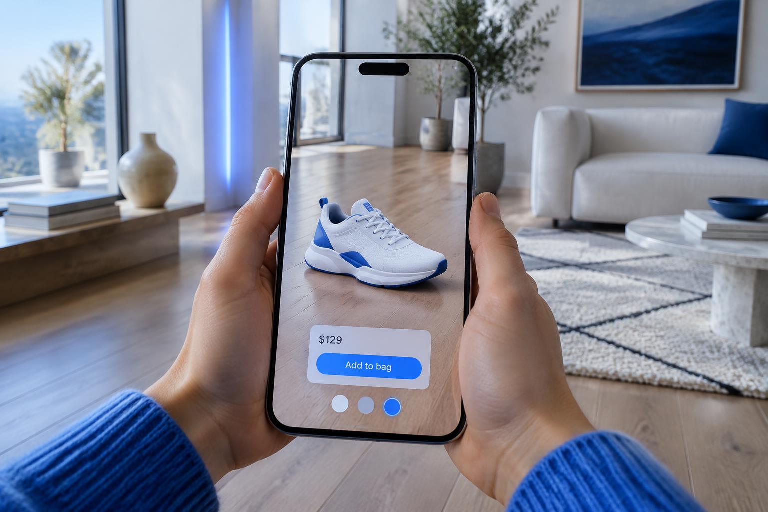 An AR shopping experience designed in Musebit AI: a phone placing a 3D product at true scale in a living room with a price and add-to-bag overlay